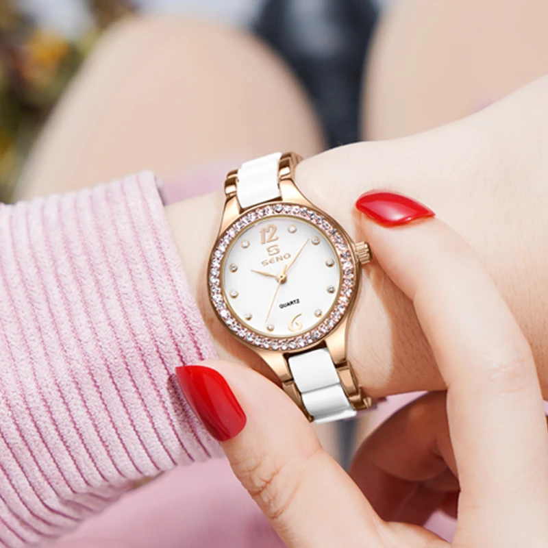 Часы женские кварцевые водонепроницаемые из нержавеющей стали с керамическим