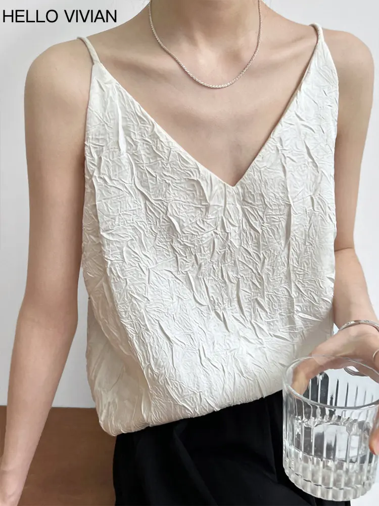 

2023 Spring/Summer New Pleated V-Neck Suspended Tank Top for Women's Loose Outerwear Sleeveless Bottom Top