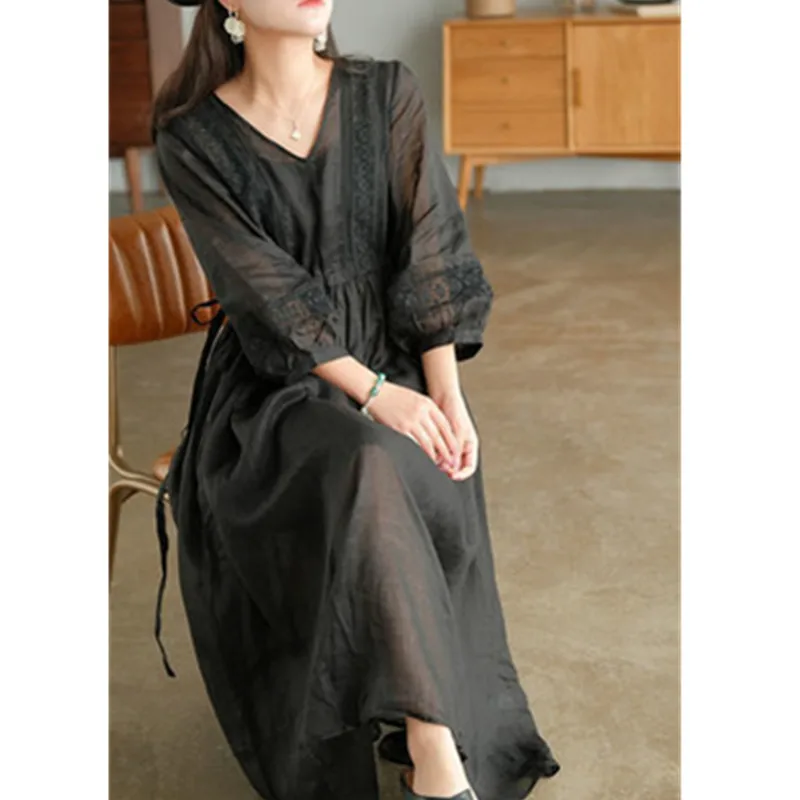 Женское длинное платье из хлопка и пеньки повседневное однотонное Макси