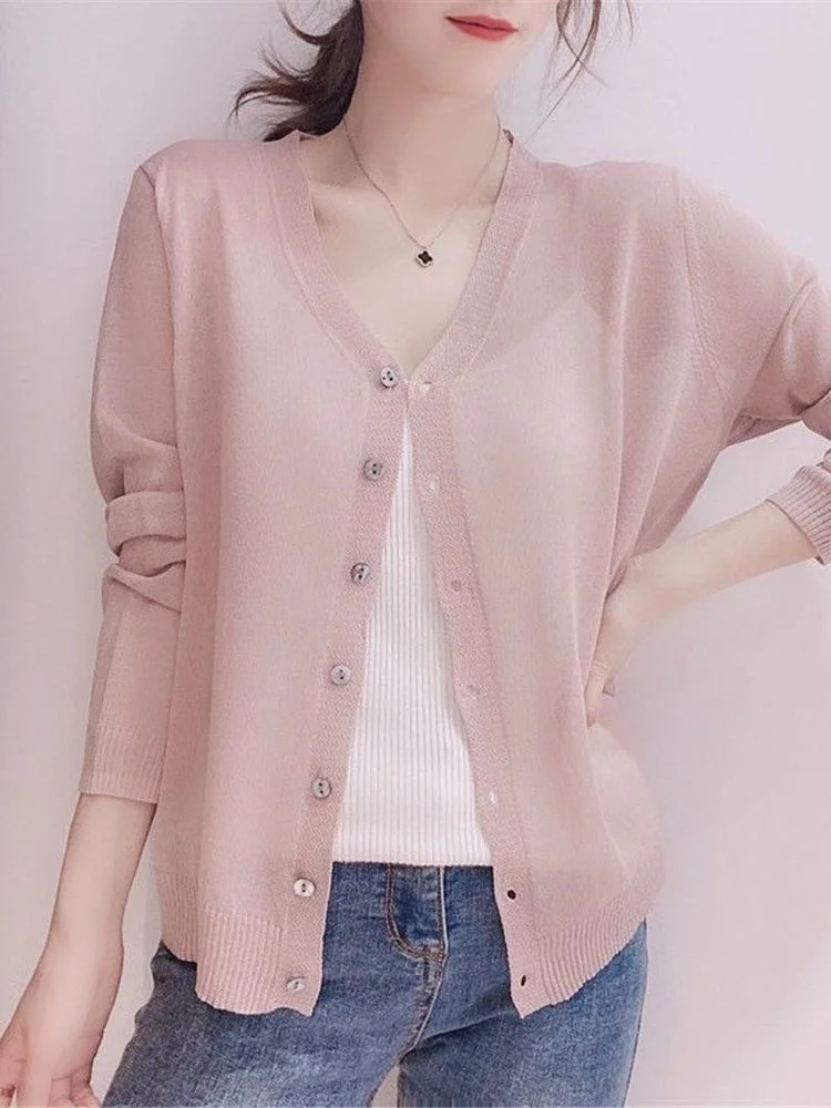 

Cardigan Women Thin Summer Autumn Simple Korean Style Elegant Comfortable Knitting Sweater All Match Soft Single Breasted Slim