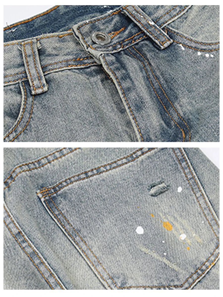 Four Seasons European and American High Street Straight Ink Splash Hole Jeans Trend Men's Fashion Streetwear Ins Hot Sale Denim