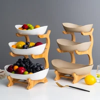 new creative three layer multi layer fruit plate european style ceramic dried fruit plate bamboo wood frame household sushi