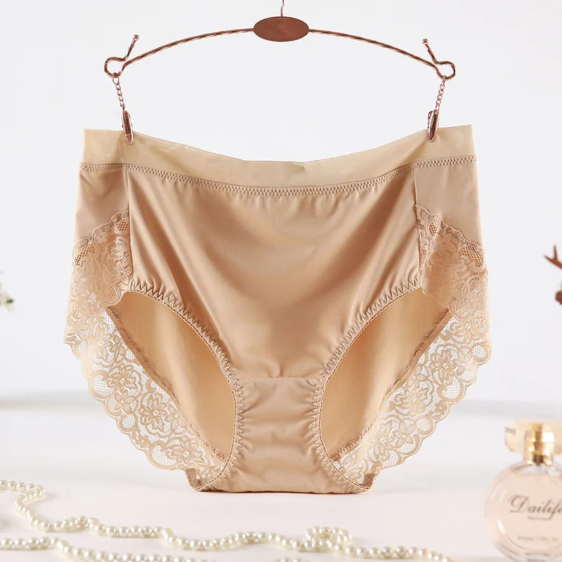 

2022 Newest High Waist Lace Plus Size Panties Women Milk Silk Big Size Briefs Intimates Female Underwear Black Pink 2XL 3XL 4XL