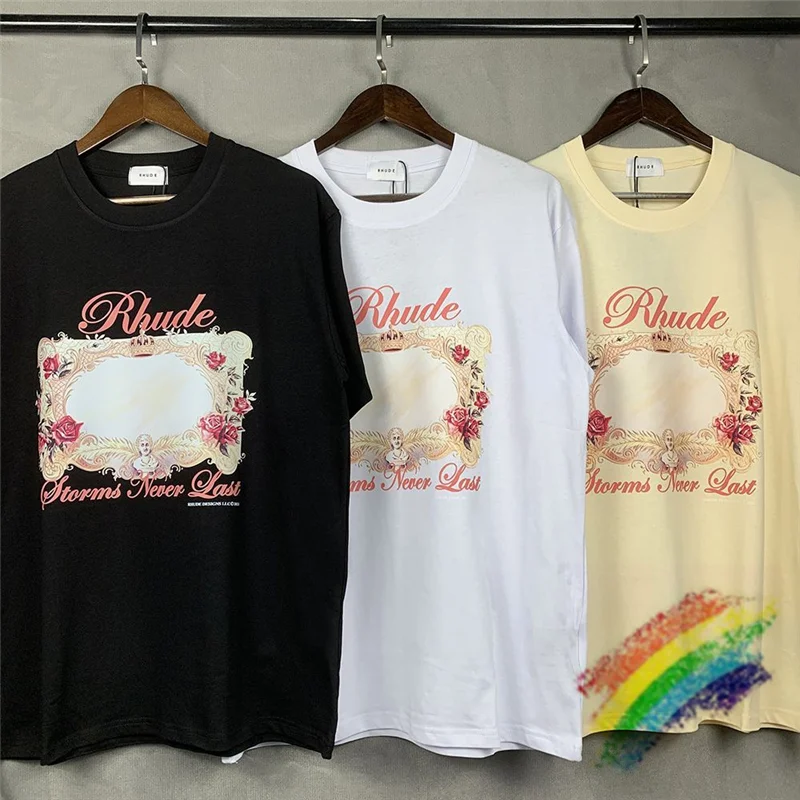 

Rhude Mirror T-shirt Men Women Floral Graphic Print Rhude Tee Oversize Tops Short Sleeve