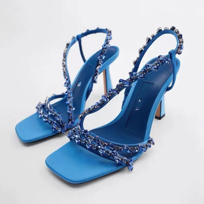

2022 New Green Blue Brand Women Sandal Fashion Narrow Band Thin High Ladies Elegant Gladiator Shoes Ankle Strap Dress Shoes