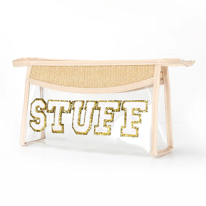 

Pvc Make Up Bag Straw Mosaic Chenille Letter Transparent Cosmetic Bag Large-capacity Waterproof Portable Storage Bag