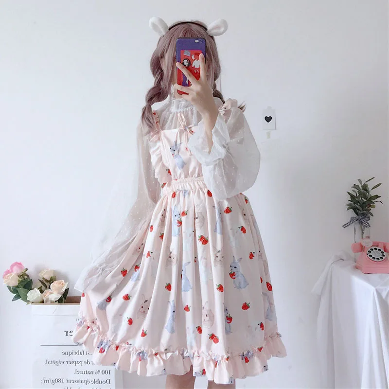 

Summer Sweet Girl Printed Draped Sleeveless Slip Dress Kawaii Rabbit Strawberry Lolita Dress Japan Cute 2021 A-Line Midi Dress