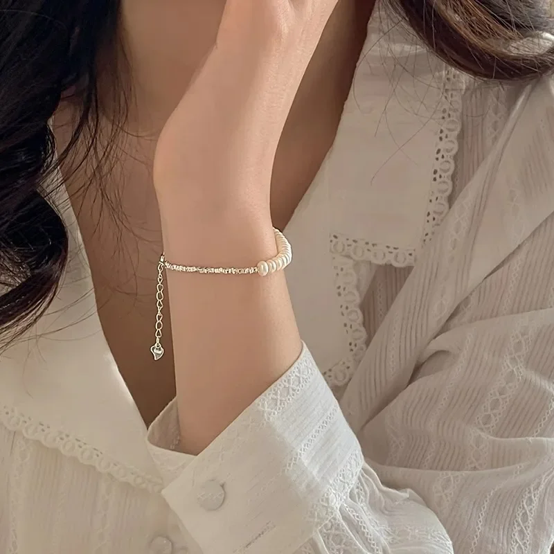 Женский винтажный серебряный браслет с жемчугом