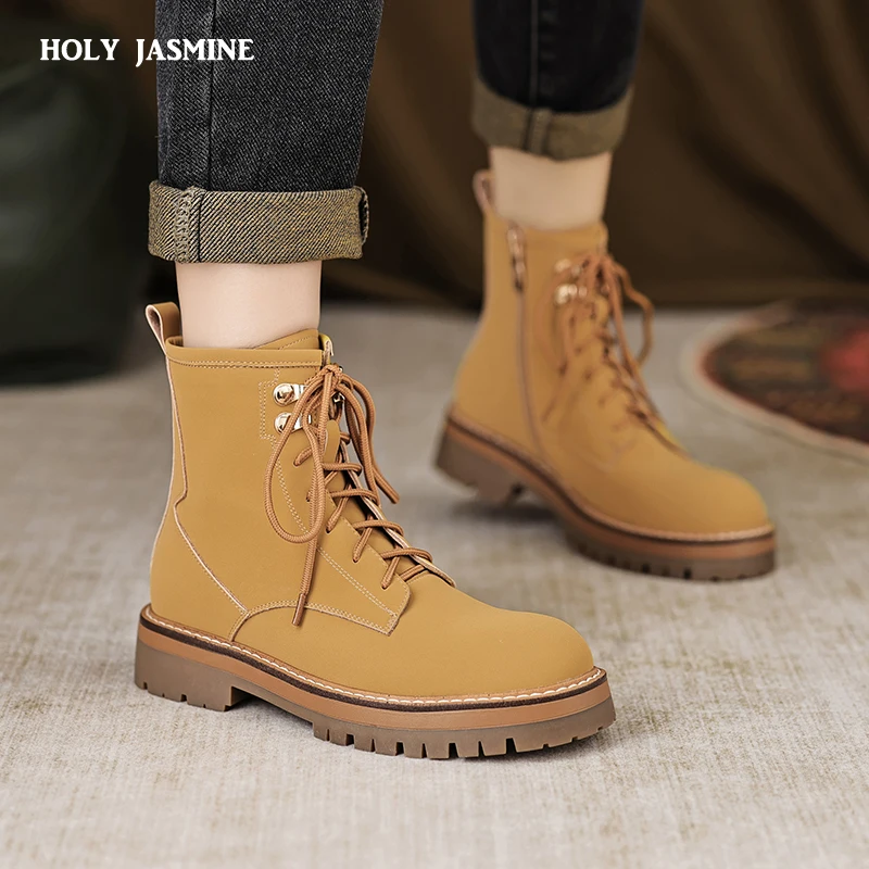 

NEW Fall Shoes Women Split Leather Boots Round Toe Chunky Heel Women Shoes Winter Solid Lace-up Ankle Boots Western Boots Women