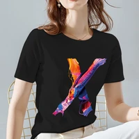 korean street womens clothing casual commuter o neck t shirt name initials spray paint x letter black comfortable printed top
