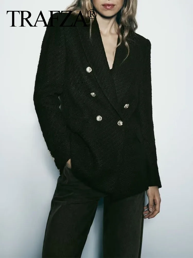 

TRAFZA Woman Elegant Casual Outerwear Woman Double Breasted Coarse Pattern Blazer Coat Long Sleeve Flap Pockets Coat Mujer