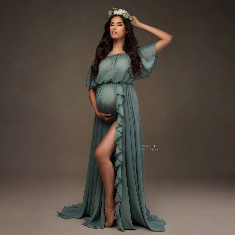 Maternity Photography Dress Shoulder Ruffle Sleeve Chiffon Dress Baby Shower Dress Bohemian Photo Shooting Pregnancy Dress