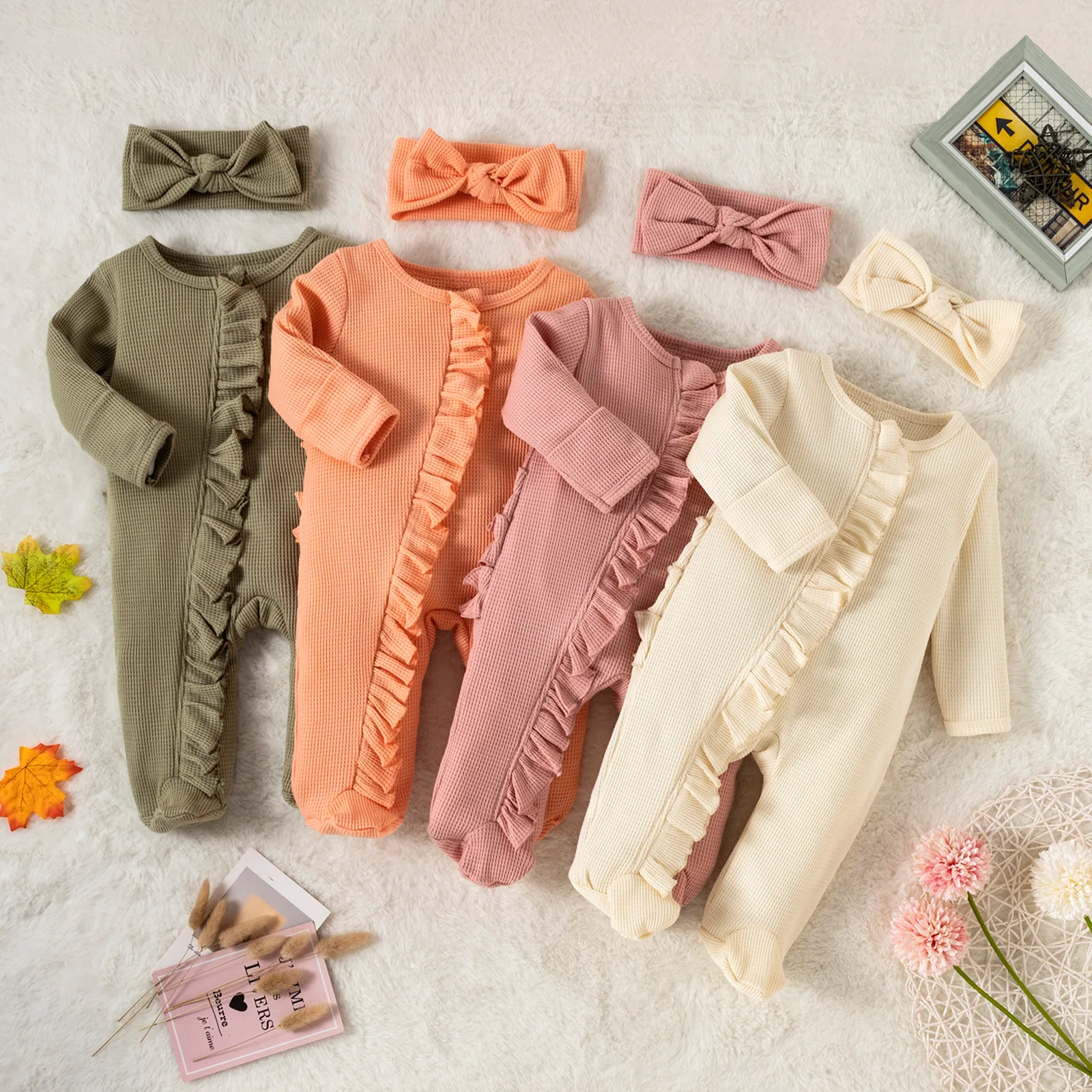 

2 Pieces/set Newborn Baby Girl Boy Floral Footies Jumpsuit Headband Outfits Clothes Spring Autumn Baby Romper Jumpsuit