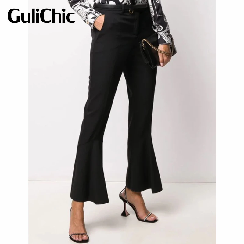 

9.18 GuliChic Women Fashion Spliced Casual Wool Black Flared Pants