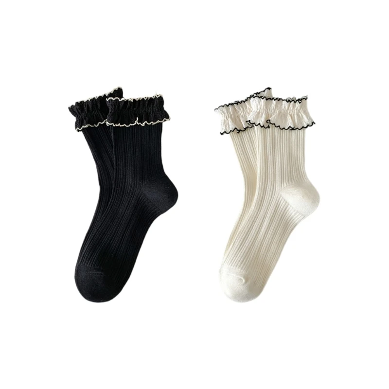 

Japanese Style Women Sweet Lace Ruffle Turn-Cuff Ankle Socks Black White Ribbed Knit Princess Frilly Cotton Crew Socks 37JB