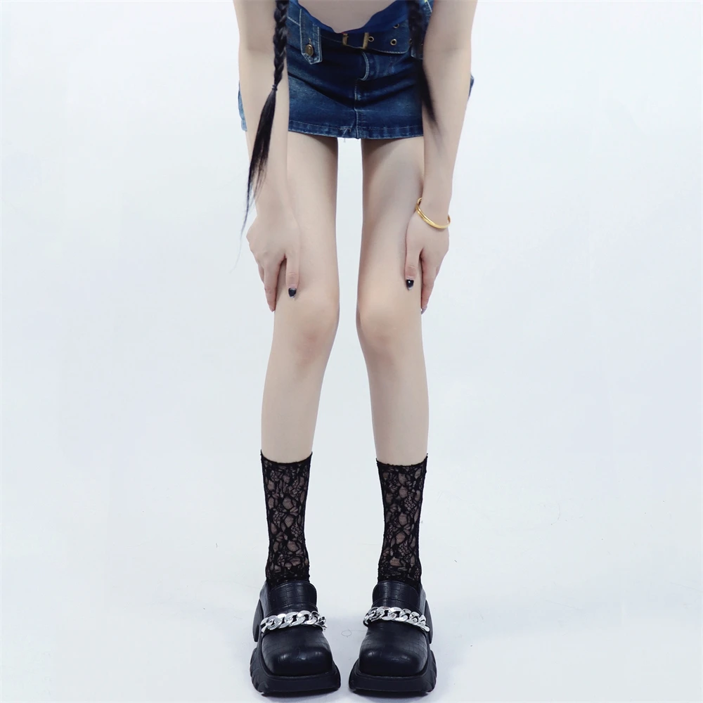Spring and Summer Ultra-Thin Lace Bunching Socks JK Spun Glass Black Socks Lolita Short Socks