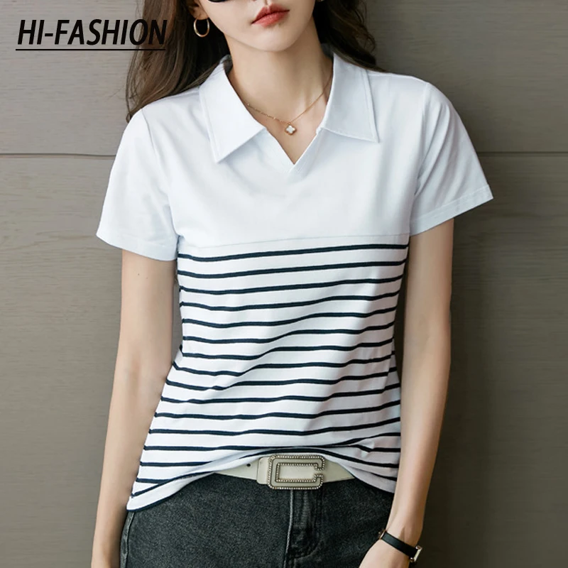 

HI-FASHION Vintage Slim Striped All Match Thin Office Lady Work Pullover Female Summer Korean Short Sleeve Slim Za Women's Tops