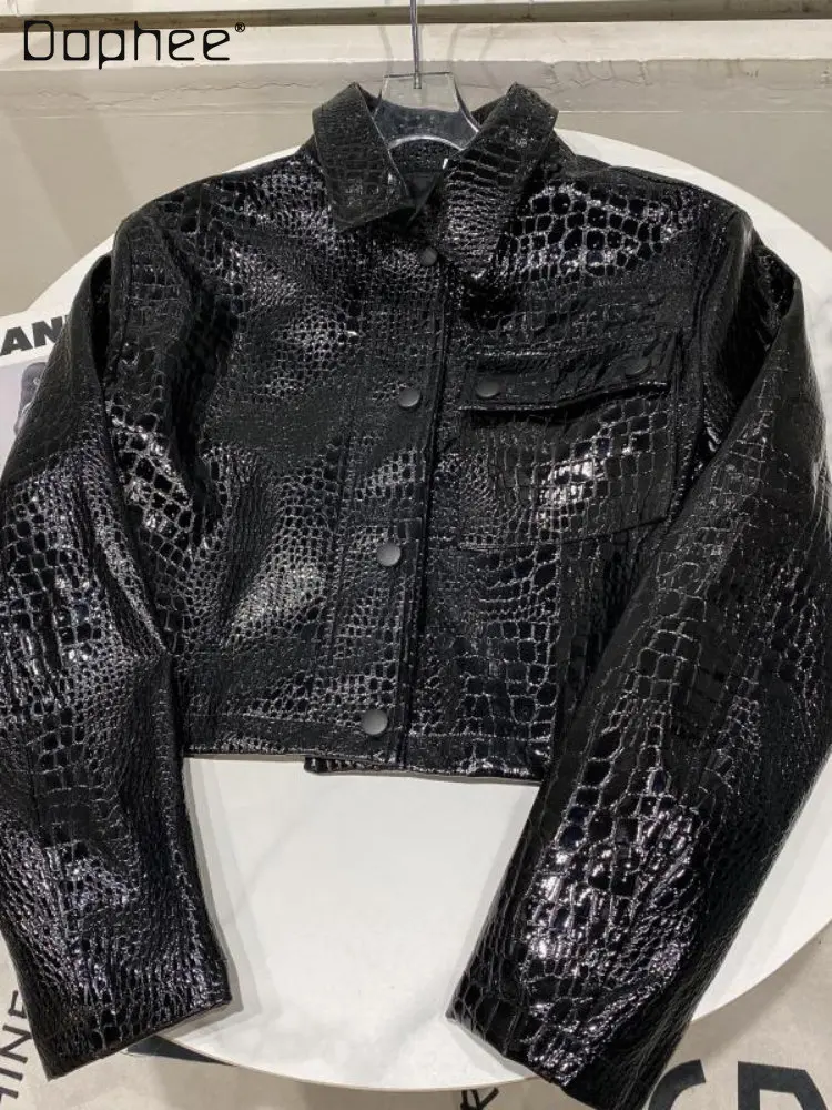 Casual Imitation Crocodile Leather Pattern Black Short Coat Woman Bright Surface Paint Leather Jacket for Women 2022 Autumn