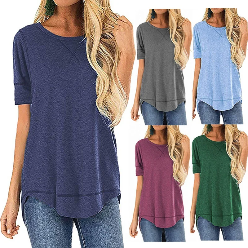 

Women's Fashion Casual Solid Color Round Neck Short Sleeve T-Shirt Tops