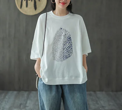 

2022new Summer new fashion loose round neck T-shirt shirt Spring/Autumn Broadcloth Appliques good quality