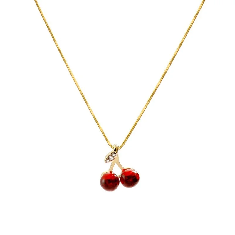 18k Gold Plating Red Cherries Pendant Stainless Steel Necklace for Women Zirconia Choker Necklaces Female Jewelry Gifts images - 6