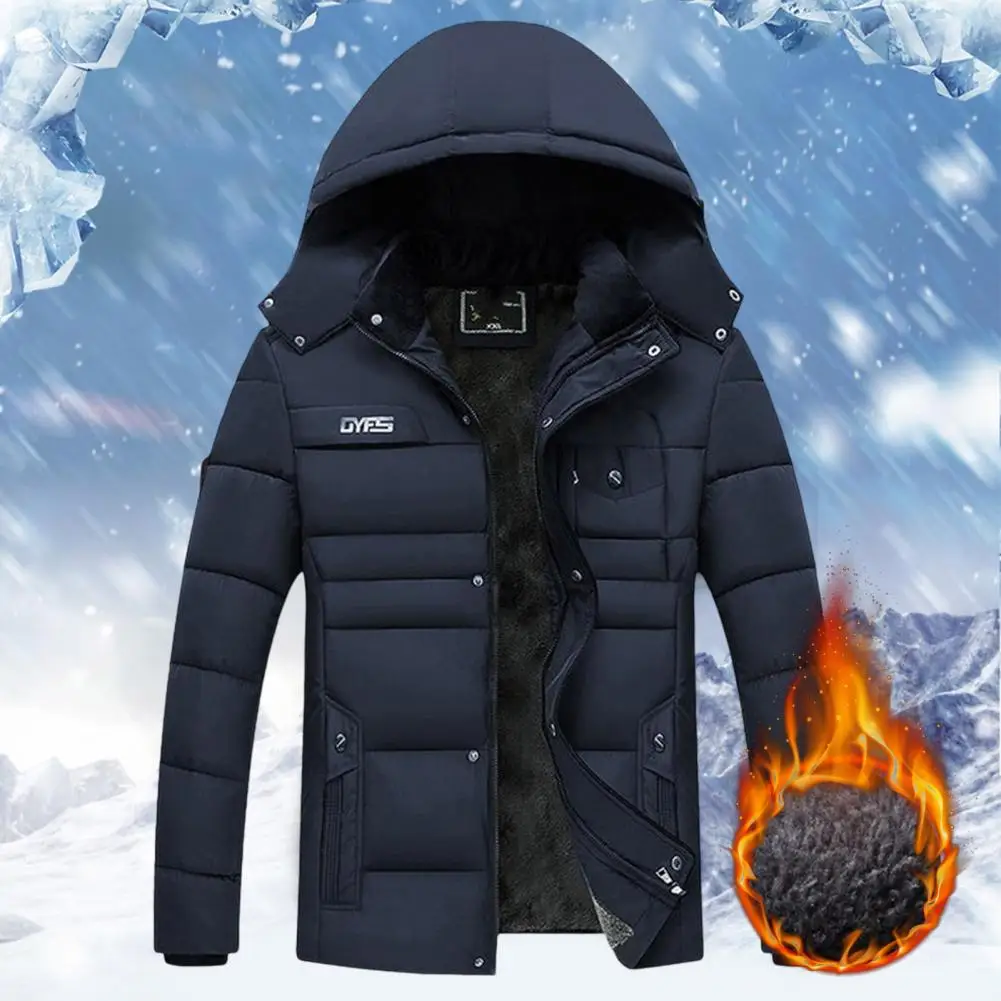 Men Hooded Coat Cotton Padded Plush Lining Solid Color Windbreaker Plus Size Cold Proof Hood Jacket Outwear Streetwear