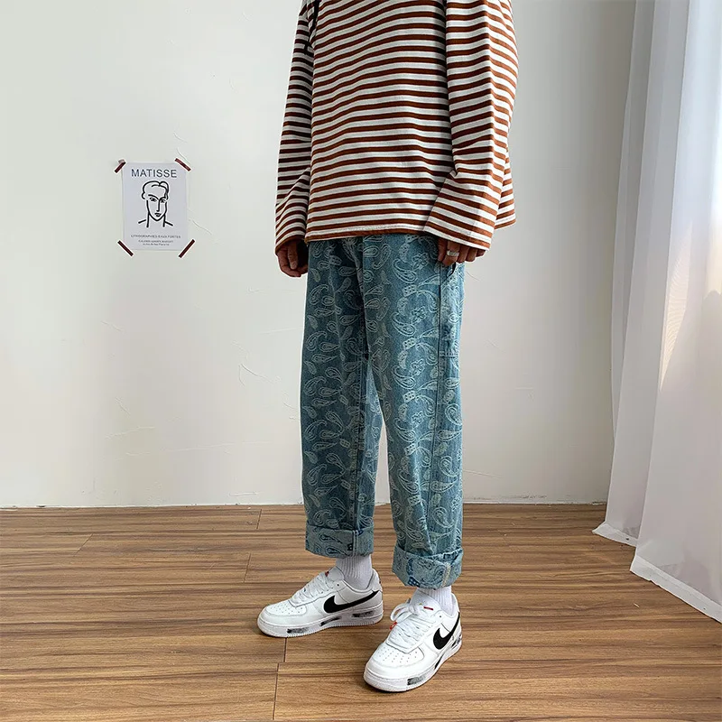 Bandana Baggy Jeans for Men Oversize Pants Spring Embroidery Straight Wide Leg Denim Trousers Hiphop Streetwear Clothes Y2K