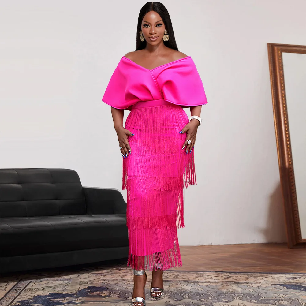 

Women Rose Party Tassel Dresses V Neck Off Shoulder Fringe Occastion Event Birthday Wedding Guest African Prom Large Size Ladies