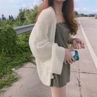spring summer beach coverall v neck loose sun protection cardigan womens thin coat knit cardigan college style student jacket