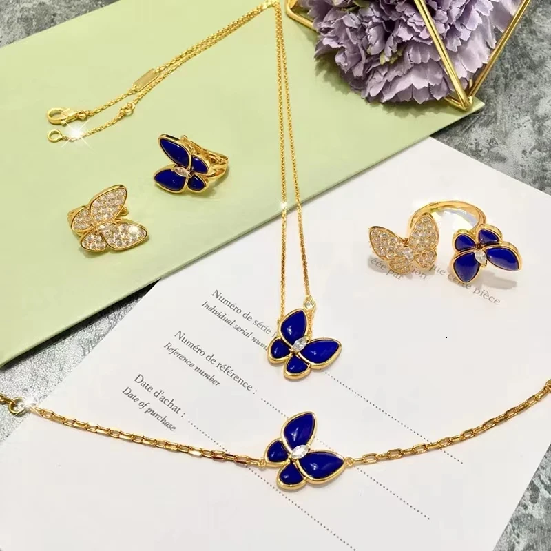 Купи Luxury Brand Plated 18K Gold Women Blue Lapis Butterfly Wedding Jewelry Set Gifts 925 Silver Earrings Necklace Bracelet Rings за 864 рублей в магазине AliExpress