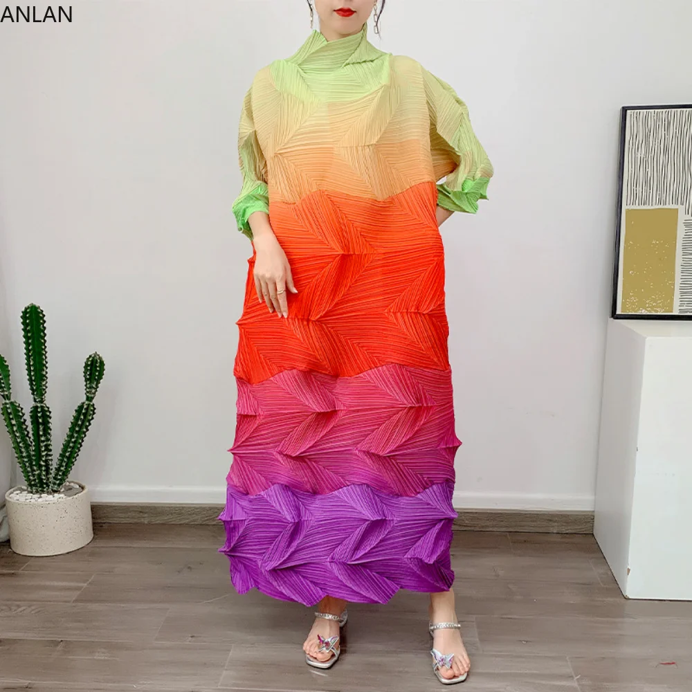 

Tri-color Gradient Pleated Diamond Fold Dress of Women 2023 New Ankle-Length LOOSE Summer Long Dresses Femme Chic Et élégante