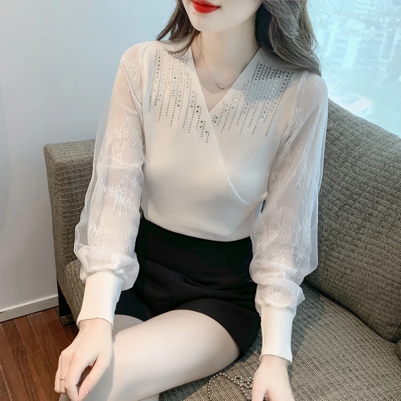 Женская кружевная блузка с длинными рукавами элегантная облегающая V-образным