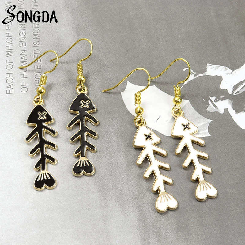 

Enamel Gold Fish Bone Drop Earrings for Women Girls Skeleton Charms Pendant Dangle Earrings Metal Vintage Punk Jewelry Wholesale