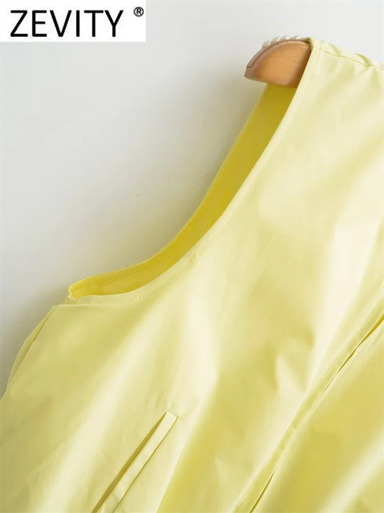 Zevity Women Basic O Neck Solid Color Hem Elastic Slim Blouse Female Chic Sleeveless Zipper Vest Shirt Blusas Crop Tops LS7180