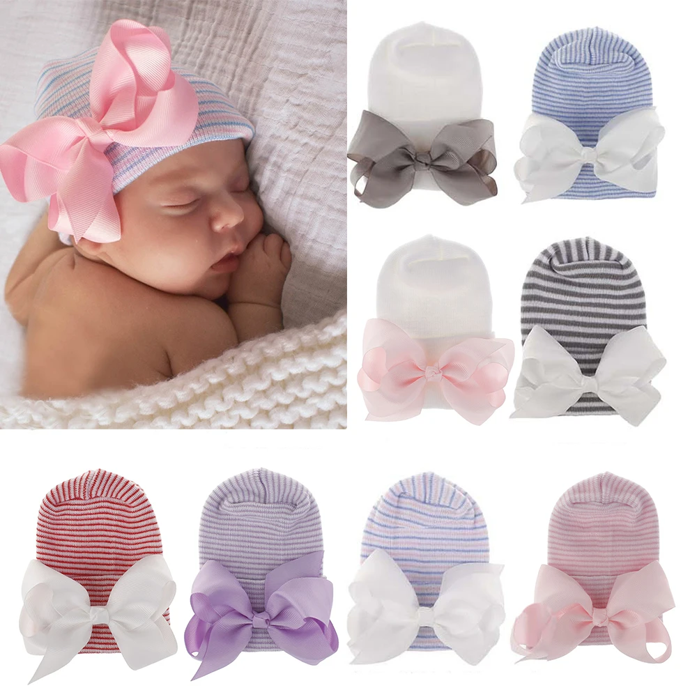 

Baby Newborn Big Bowknot Knitted Pullover Caps Cute Warm Solid Color Hospital Beanie Hat Infant Boy Girl Bonnet Head Accessories