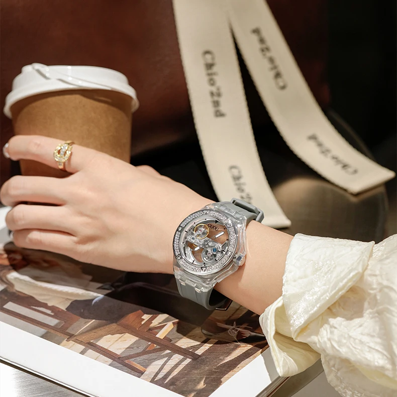 Luxury Women's Skeletonized Transparent Automatic Mechanical Wristwatch Fashion Top Brand Diamonds Bezel Waterproof Silicone enlarge