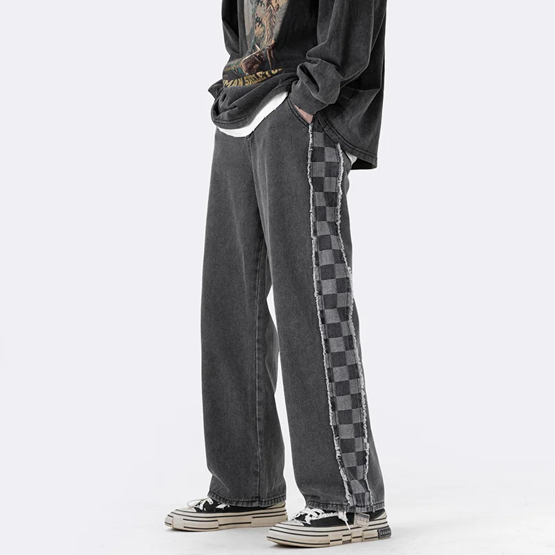 Blue Grey Baggy Jeans Men Fashion Vintage Plaid Jeans Men Japanese Streetwear Hip-hop Loose Straight Denim Pants Mens Trousers