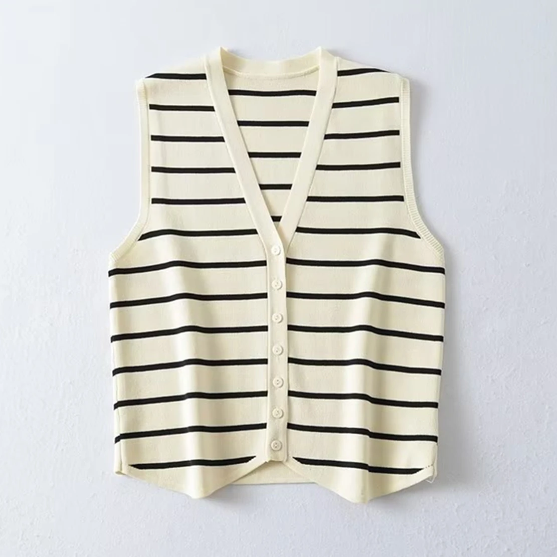 

Withered 2023 Summer Knitted Vest Striped Single Fashion Breasted Tank Tops Women