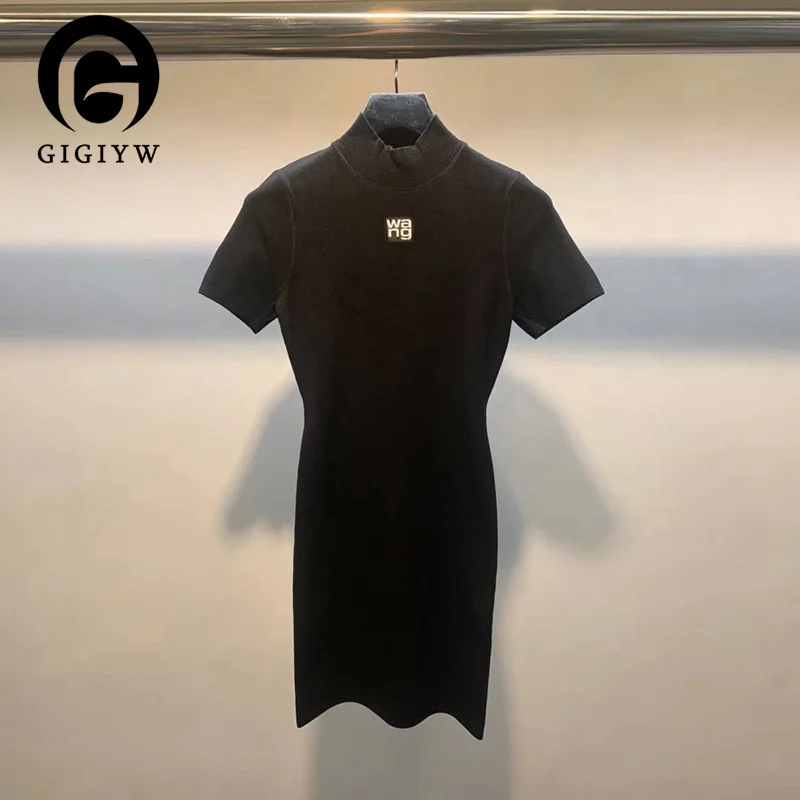 GIGIYW Spring And Summer Aw Wang Hip Wrap Skirt Is Versatile, Slim And Close Waist Black Knitted Short Sleeve Dress Female