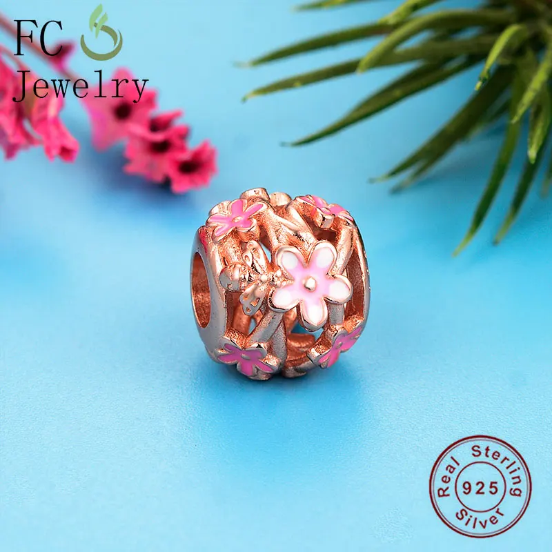

FC ювелирные изделия подходят оригинальные брендовые шармы браслет 925 серебро розовое золото Розовая маргаритка медовая пчела Божья коровка бусины для женщин производство Berloque Новинка