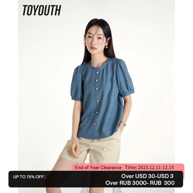 

Toyouth Women Blouse 2023 Summer Puff Sleeves Round Neck Loose Shirts Textured Fabric Fashion Elegant Blue Tops
