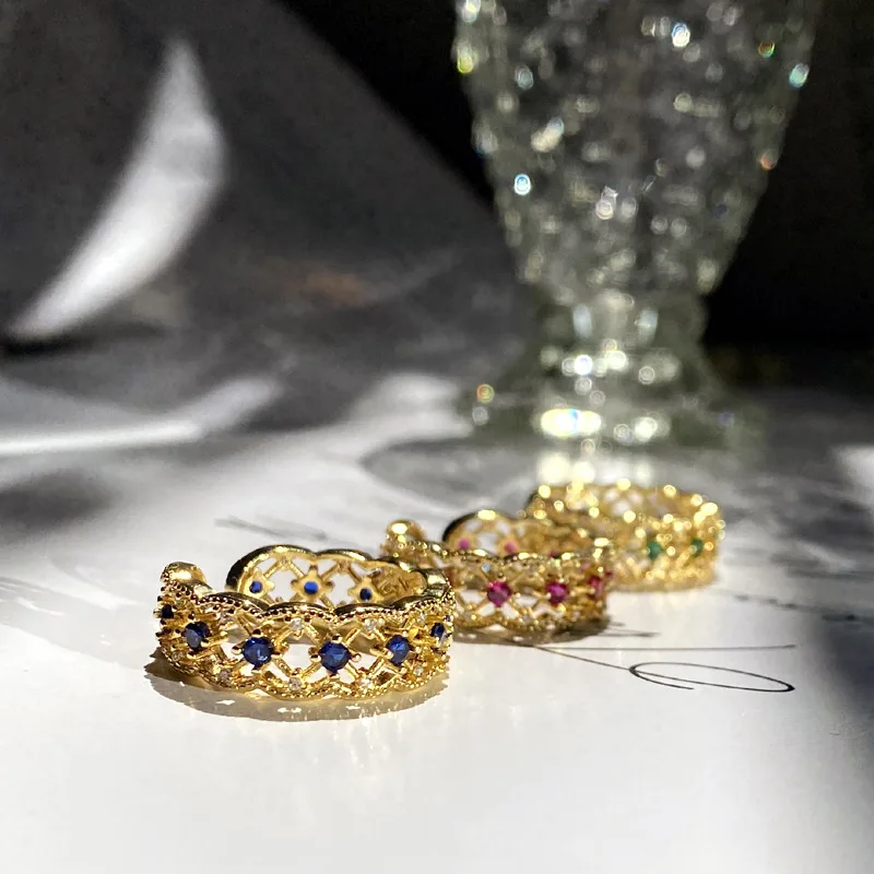 

French grosgrain gold color treasure ring, female plated 18K gold lace, niche design, green spinel