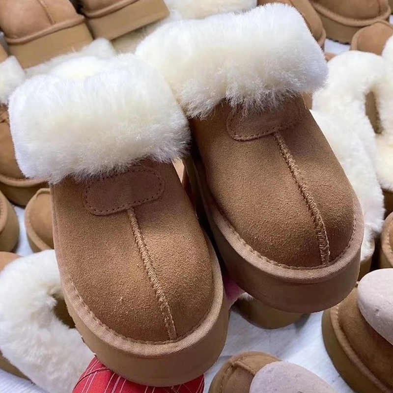 

Slippers Women Platform Fur Plush Flip Flops Winter Warm Flats Mules Shoes 2022 New Femme Boots Home Cotton Shoes Suede Botas