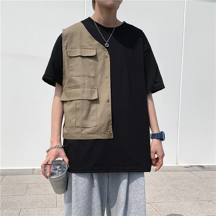 

2022 Summer Men Fashion Pocket T-Shirt Men Streetwear Korean Multi-pocket fake two-piece vest men's Mens Tops M-2XL