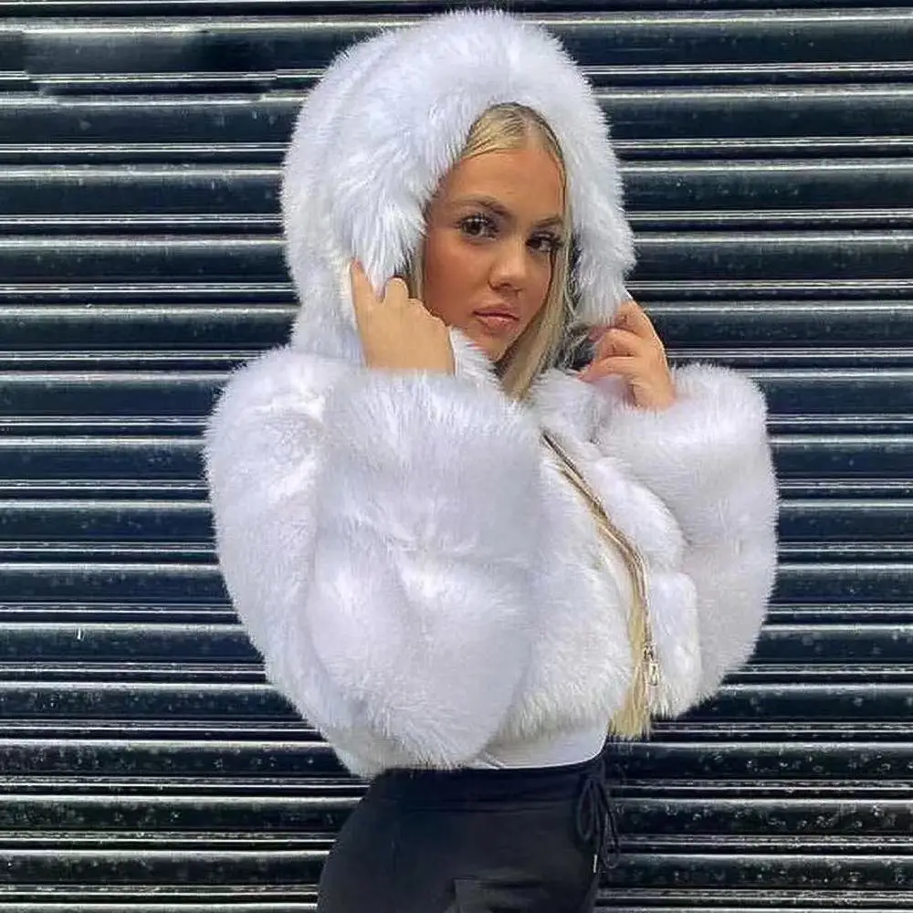 Winter Women Cropped Short Faux Fur Coats Zipper Fashion Y2K Hoody Jackets Long Sleeve Thick Warm Fluffy Fur Plus Size Overcoat