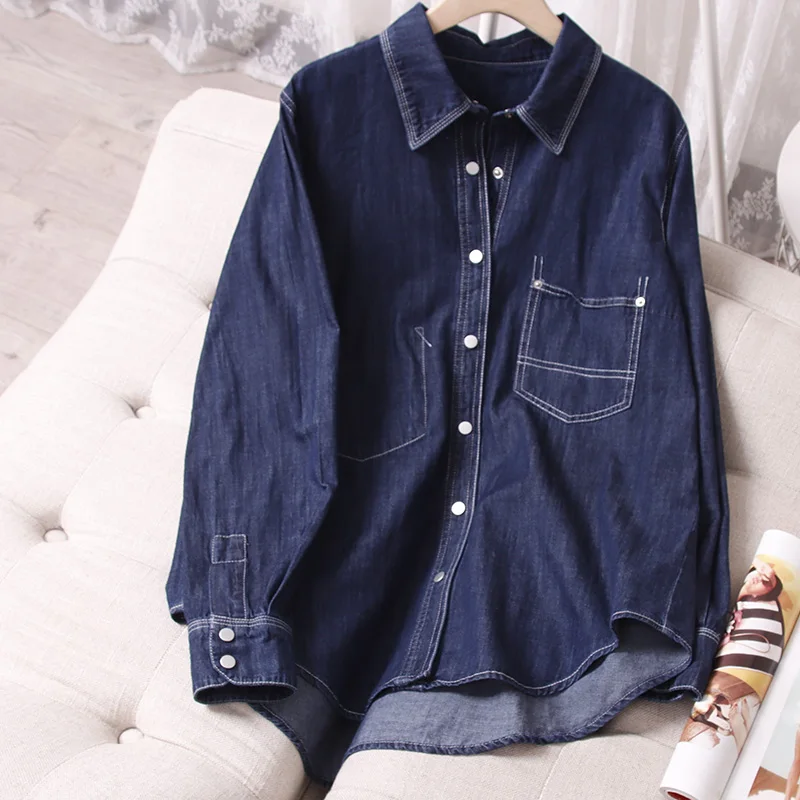 2024 Spring New Fashion Casual Pure Cotton Denim Shirts Women Asymmetric Chest Bag Sheath Shirt