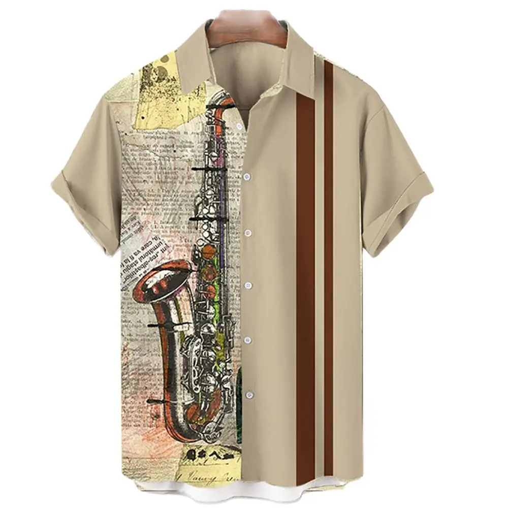 

2022 New Men's Shirt Hawaiian Woman Single-breasted Musical Instrument Print Short Sleeve Beach Loose Casual Top Camicias