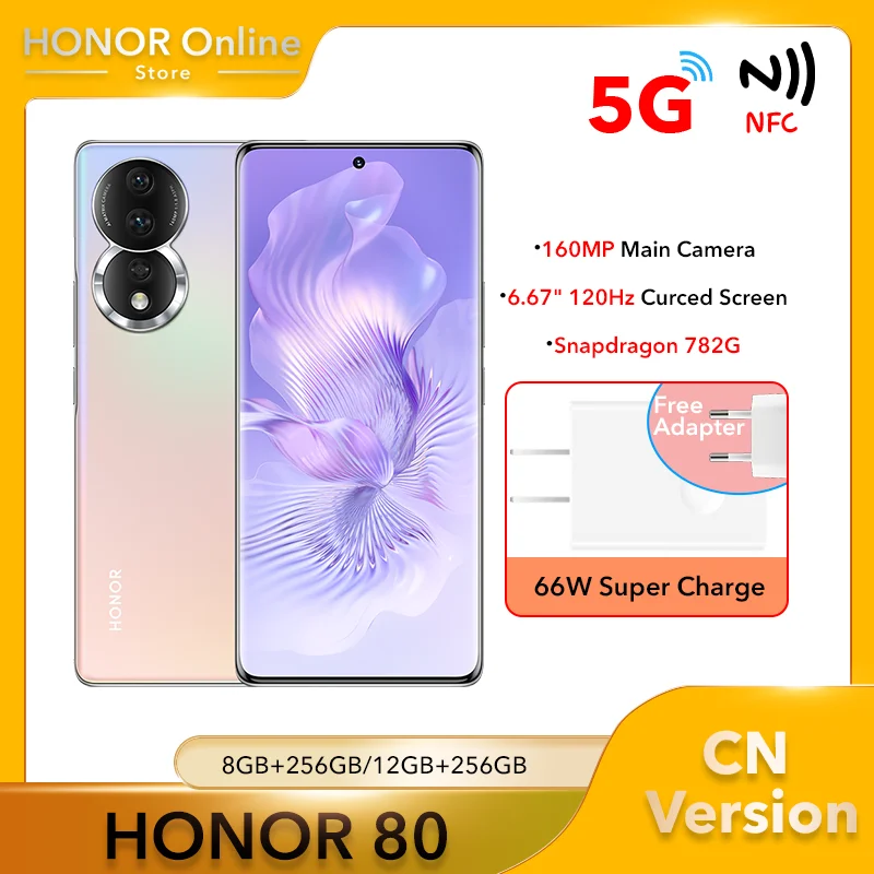 HONOR 80 5G Smartphone 160MP Ultra-HD Main Camera 6.67" Curved OLED Display EIS&AI Vlog  66W Superfast Charing  Cellphone