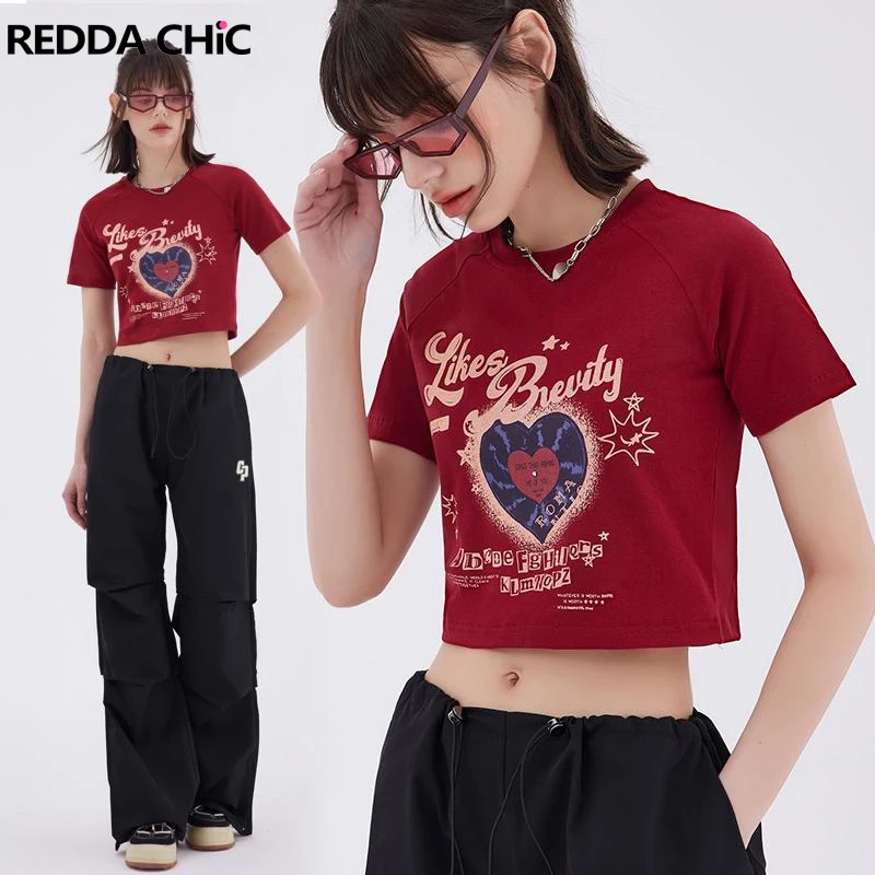 

Женская футболка с графическим принтом REDDACHiC Grunge Y2k, винтажный Красный однотонный облегающий кроп-топ с коротким рукавом в стиле 90-х, ретро, летняя уличная одежда