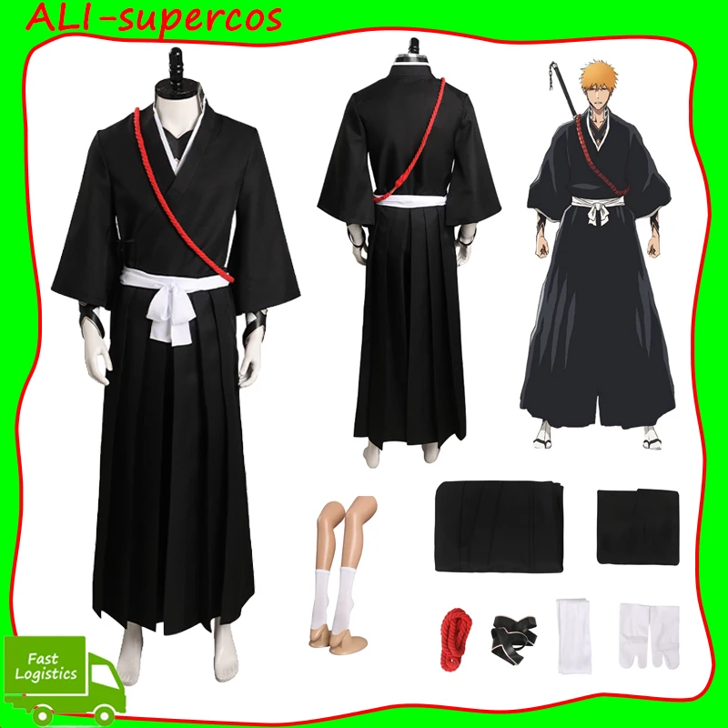 

BLEACH Kurosaki Ichigo Cosplay Anime Costume Kimono Outfits Men Coat Belt Role Play Set Clothes Halloween Party Disguise Suit